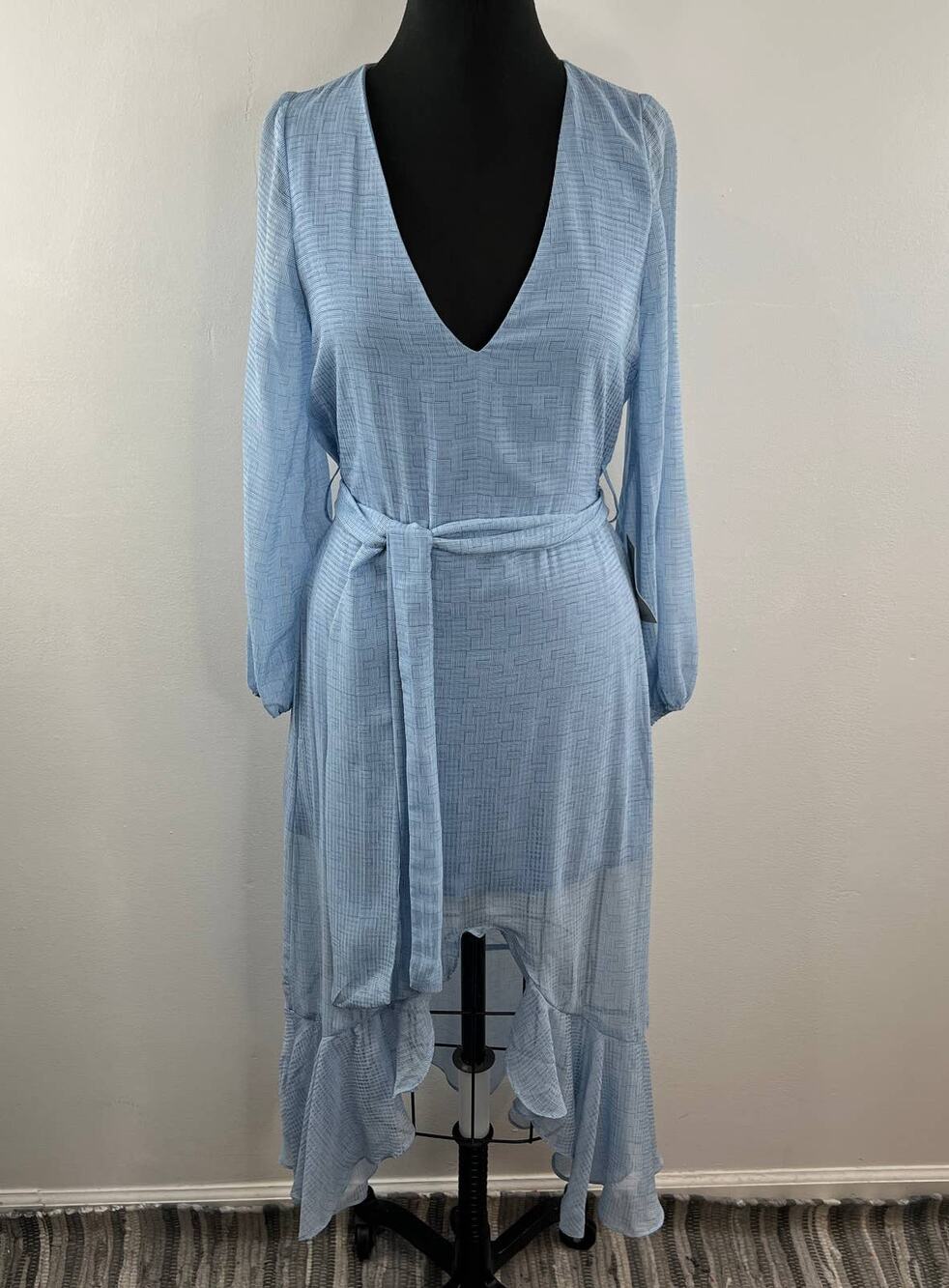 NWT NSR Blue Long Sleeve V-Neck Hi-Lo Chiffon Morgan Ruffle Hem Dress Size M